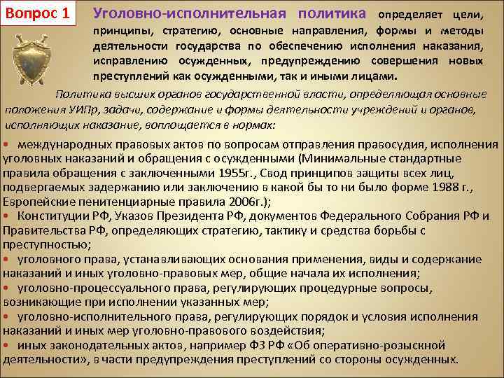 Вопрос 1 Уголовно-исполнительная политика определяет цели, принципы, стратегию, основные направления, формы и методы деятельности