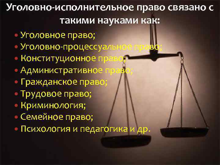 Уголовно-исполнительное право связано с такими науками как: Уголовное право; Уголовно-процессуальное право; Конституционное право; Административное