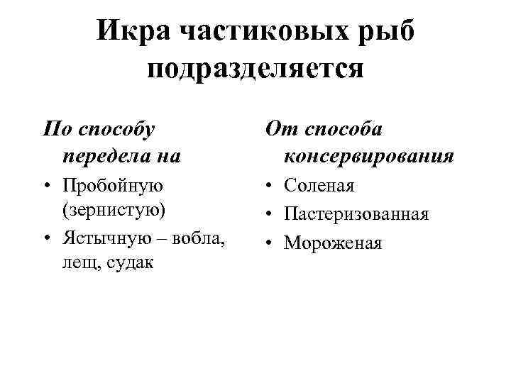 Икра частиковых рыб подразделяется По способу передела на От способа консервирования • Пробойную (зернистую)