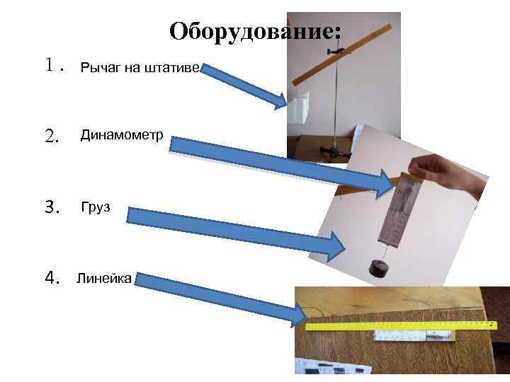 Оборудование: 1. Рычаг на штативе 2. Динамометр 3. Груз 4. Линейка 