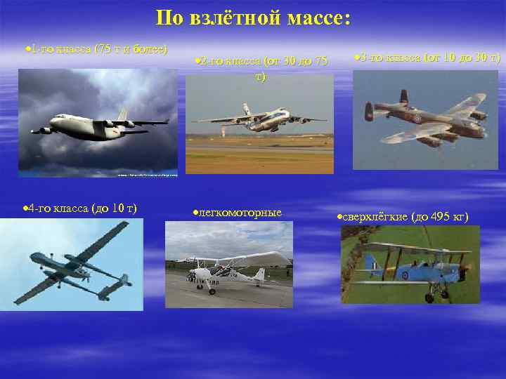 По взлётной массе: 1 -го класса (75 т и более) 4 -го класса (до