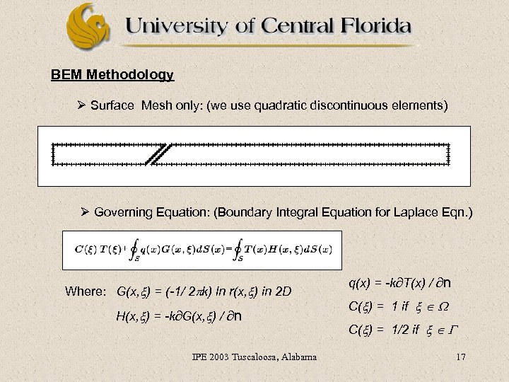 BEM Methodology Ø Surface Mesh only: (we use quadratic discontinuous elements) Ø Governing Equation: