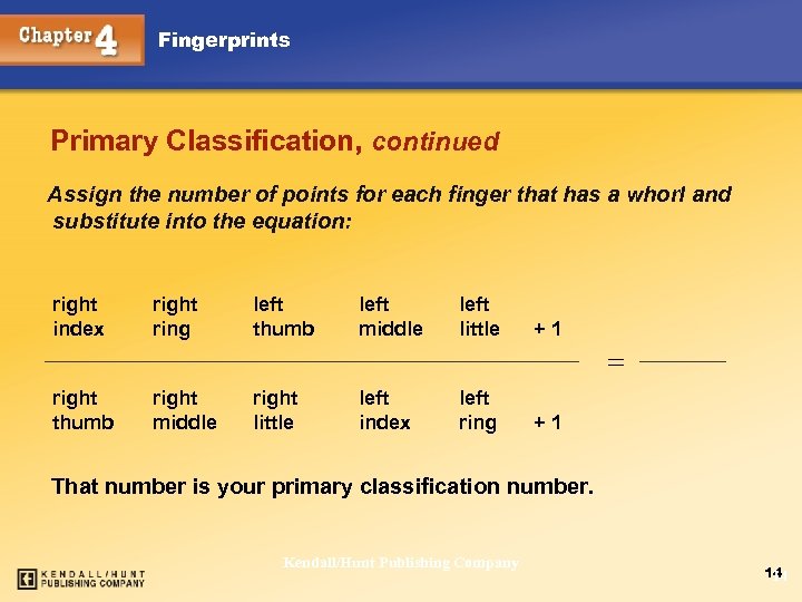 Fingerprints Primary Classification, continued Assign the number of points for each finger that has