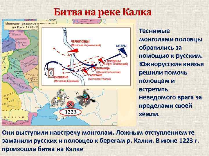 Битва на реке Калка Теснимые монголами половцы обратились за помощью к русским. Южнорусские князья