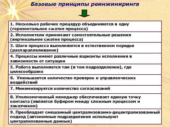 Базовые принципы реинжиниринга 1. Несколько рабочих процедур объединяются в одну (горизонтальное сжатие процесса) 2.