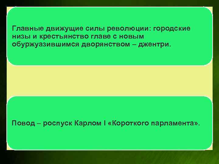Главные движущие силы революции: городские низы и крестьянство главе с новым обуржуазившимся дворянством –