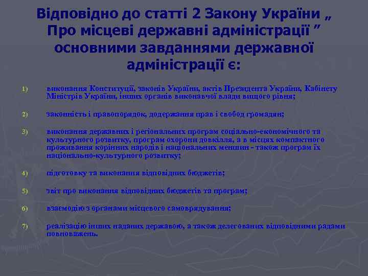 Відповідно до статті 2 Закону України „ Про місцеві державні адміністрації ” основними завданнями