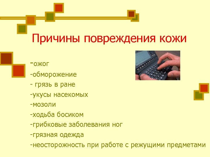 Причины повреждения кожи -ожог -обморожение - грязь в ране -укусы насекомых -мозоли -ходьба босиком