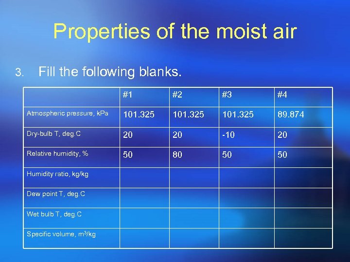 Properties of the moist air 3. Fill the following blanks. #1 #2 #3 #4