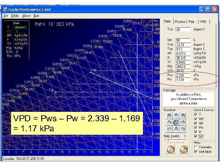 VPD = Pws – Pw = 2. 339 – 1. 169 = 1. 17