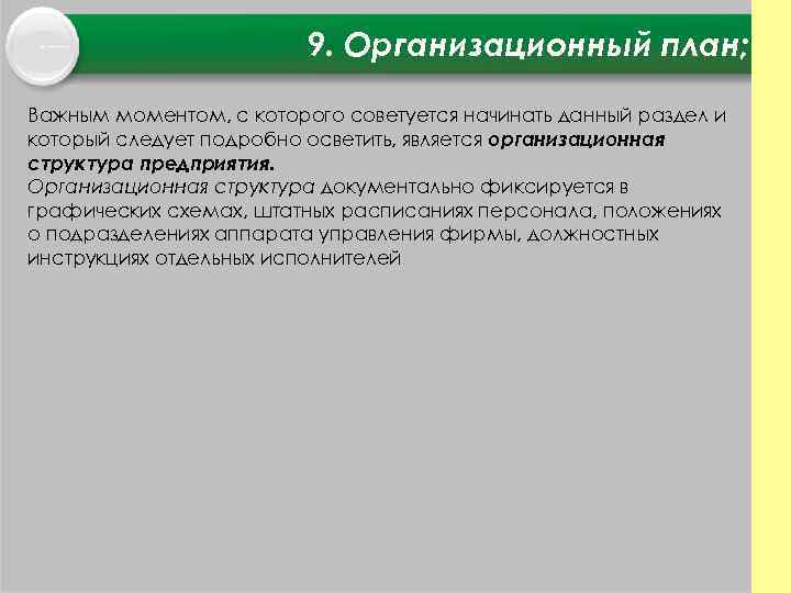 9. Организационный план; Важным моментом, с которого советуется начинать данный раздел и который следует