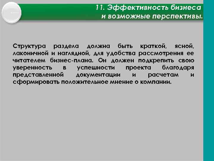 11. Эффективность бизнеса и возможные перспективы. Структура раздела должна быть краткой, ясной, лаконичной и