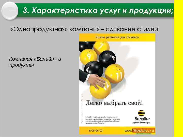 3. Характеристика услуг и продукции; «Однопродуктная» компания – сливание стилей Компания «Билайн» и продукты