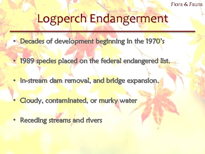 Flora & Fauna Logperch Endangerment • Decades of development beginning in the 1970’s •