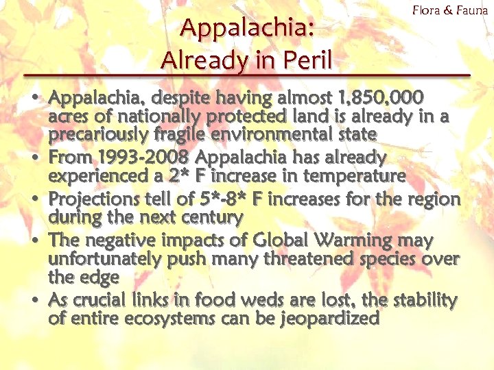 Appalachia: Already in Peril Flora & Fauna • Appalachia, despite having almost 1, 850,