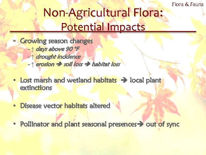 Non-Agricultural Flora: Flora & Fauna Potential Impacts Growing season changes - ↑ days above