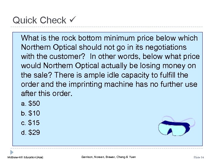 Quick Check What is the rock bottom minimum price below which Northern Optical should