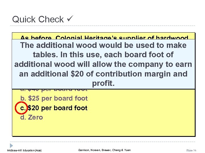 Quick Check As before, Colonial Heritage’s supplier of hardwood Theonly be able to supply