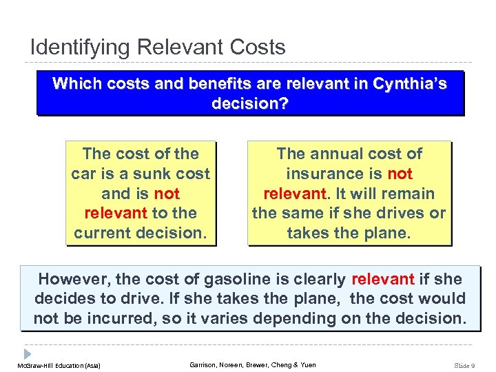 Identifying Relevant Costs Which costs and benefits are relevant in Cynthia’s decision? The cost