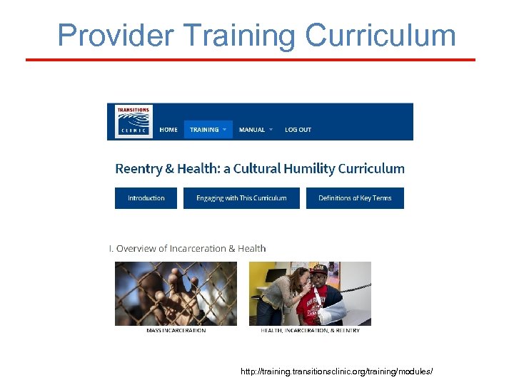 Provider Training Curriculum http: //training. transitionsclinic. org/training/modules/ 