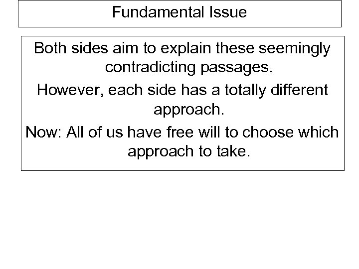 Fundamental Issue Both sides aim to explain these seemingly contradicting passages. However, each side