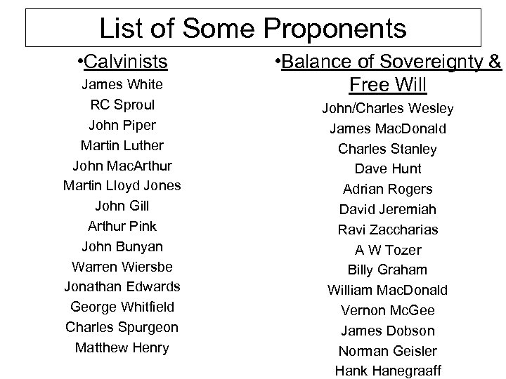 List of Some Proponents • Calvinists James White RC Sproul John Piper Martin Luther