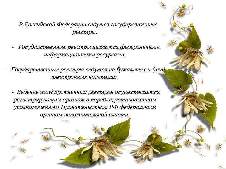 - В Российской Федерации ведутся государственные реестры. - Государственные реестры являются федеральными информационными ресурсами.
