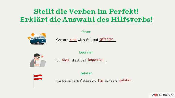 Stellt die Verben im Perfekt! Erklärt die Auswahl des Hilfsverbs! fahren gefahren sind Gestern