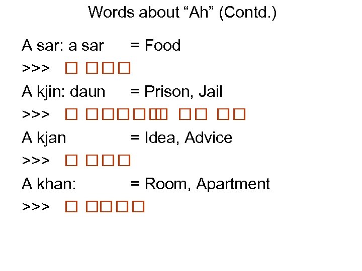 Words about “Ah” (Contd. ) A sar: a sar = Food >>> A kjin: