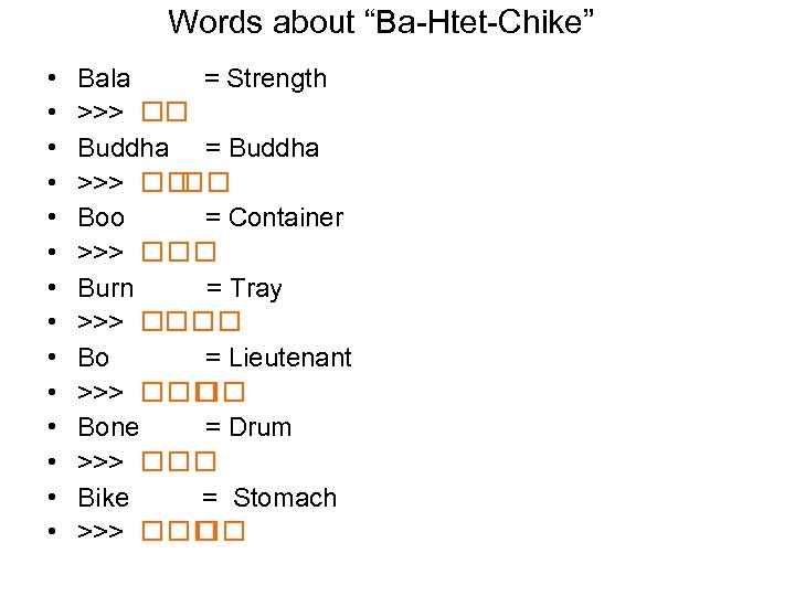 Words about “Ba-Htet-Chike” • • • • Bala = Strength >>> Buddha = Buddha