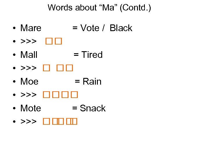 Words about “Ma” (Contd. ) • • Mare = Vote / Black >>> Mall