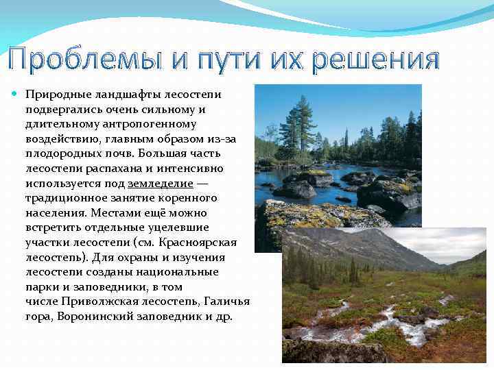 Проблемы и пути их решения Природные ландшафты лесостепи подвергались очень сильному и длительному антропогенному