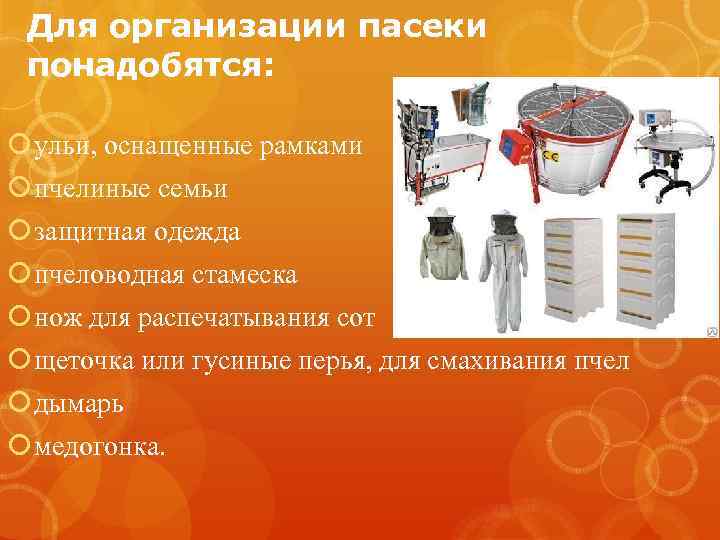 Для организации пасеки понадобятся: ульи, оснащенные рамками пчелиные семьи защитная одежда пчеловодная стамеска нож