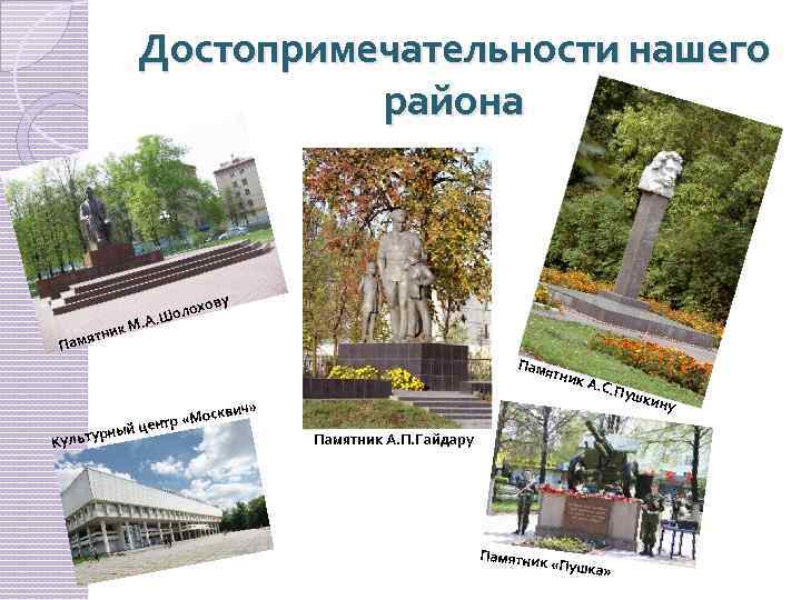 Достопримечательности нашего района ник амят П ову М. А ох. Шол Памя тник Культу