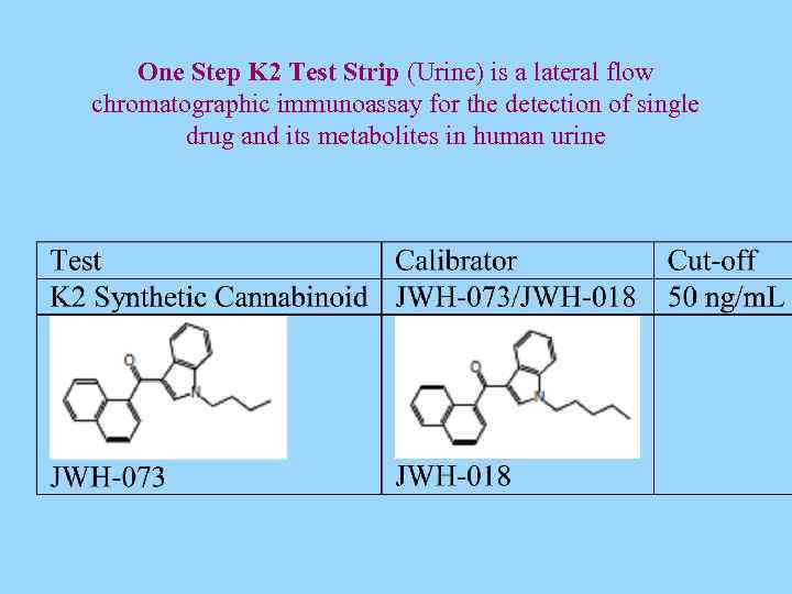 One Step K 2 Test Strip (Urine) is a lateral flow chromatographic immunoassay for