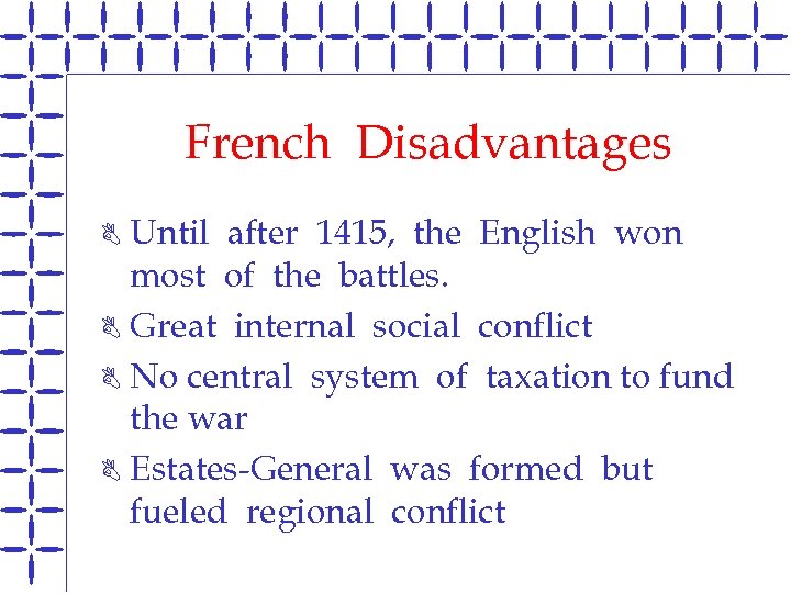 French Disadvantages Until after 1415, the English won most of the battles. B Great