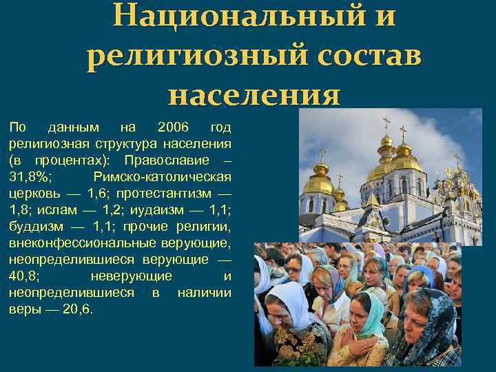 Национальный и религиозный состав населения По данным на 2006 год религиозная структура населения (в