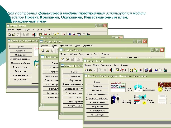 Для построения финансовой модели предприятия используются модули разделов Проект, Компания, Окружение, Инвестиционный план, Операционный