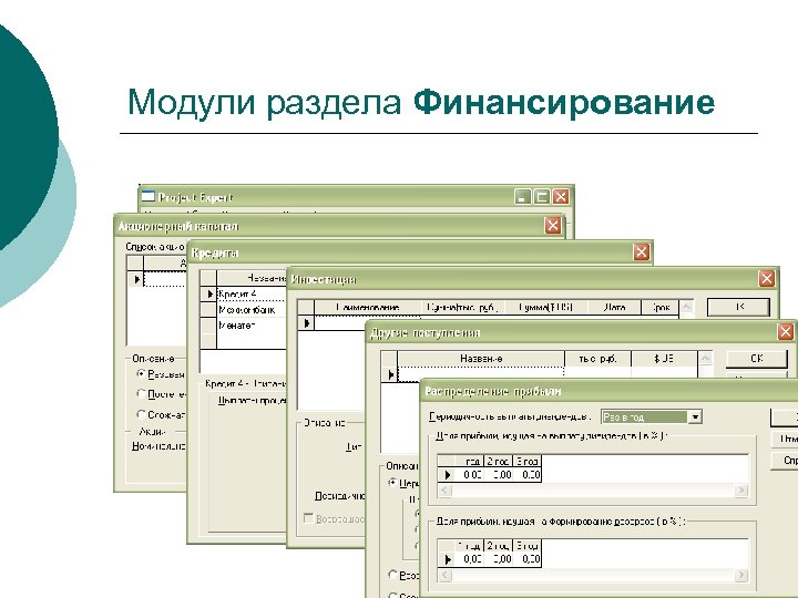 Модули раздела Финансирование 