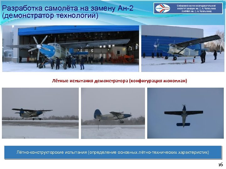 Разработка самолёта на замену Ан-2 (демонстратор технологий) Лётные испытания демонстратора (конфигурация моноплан) Лётно-конструкторские испытания