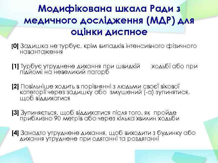 Модифікована шкала Ради з медичного дослідження (МДР) для оцінки диспное [0] Задишка не турбує,