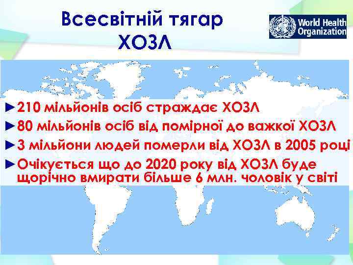 Всесвітній тягар ХОЗЛ ► 210 мільйонів осіб страждає ХОЗЛ ► 80 мільйонів осіб від