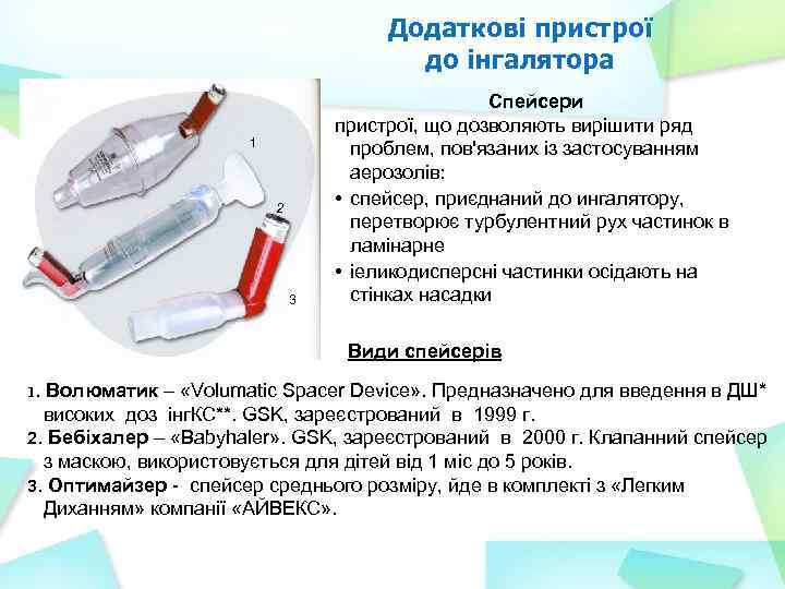 Додаткові пристрої до інгалятора 1 2 3 Спейсери пристрої, що дозволяють вирішити ряд проблем,