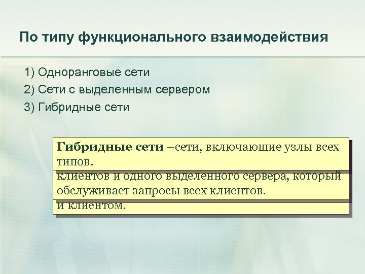 По типу функционального взаимодействия 1) Одноранговые сети 2) Сети с выделенным сервером 3) Гибридные