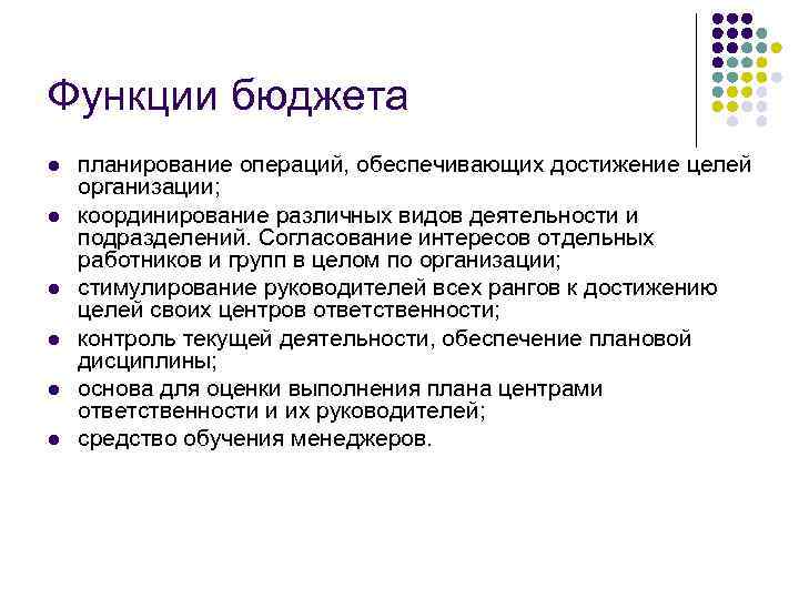 Функции бюджета l l l планирование операций, обеспечивающих достижение целей организации; координирование различных видов