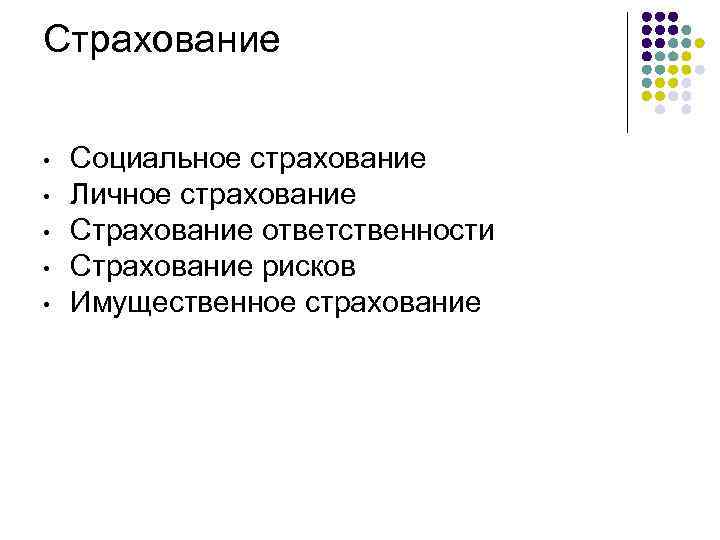 Страхование • • • Социальное страхование Личное страхование Страхование ответственности Страхование рисков Имущественное страхование