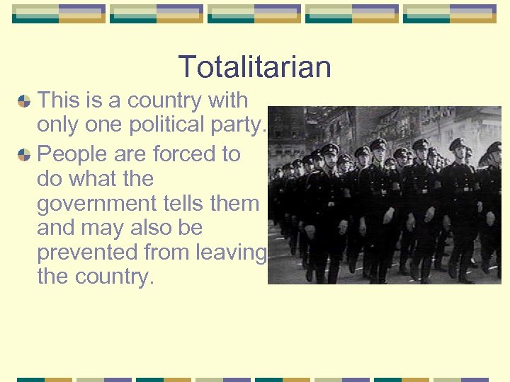 Totalitarian This is a country with only one political party. People are forced to