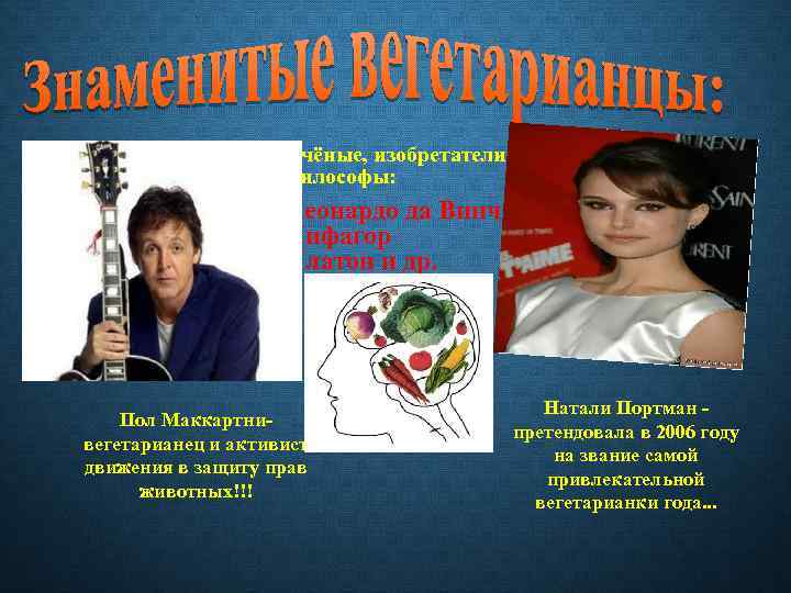 Учёные, изобретатели, философы: Леонардо да Винчи Пифагор Платон и др. Пол Маккартни- вегетарианец и