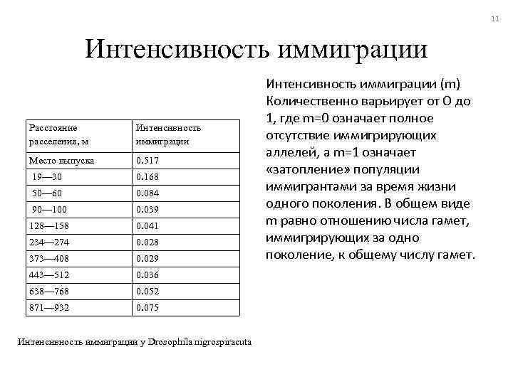 11 Интенсивность иммиграции Расстояние расселения, м Интенсивность иммиграции Место выпуска 0. 517 19— 30