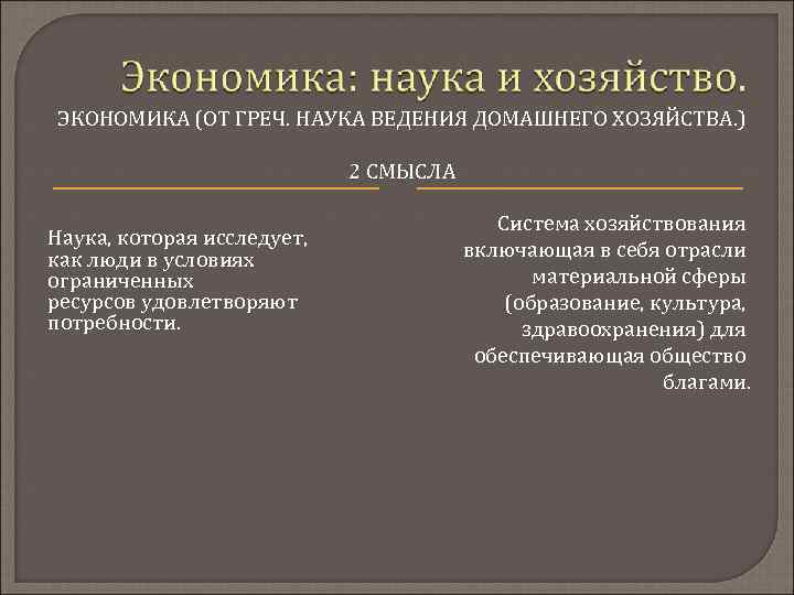 ЭКОНОМИКА (ОТ ГРЕЧ. НАУКА ВЕДЕНИЯ ДОМАШНЕГО ХОЗЯЙСТВА. ) 2 СМЫСЛА Наука, которая исследует, как